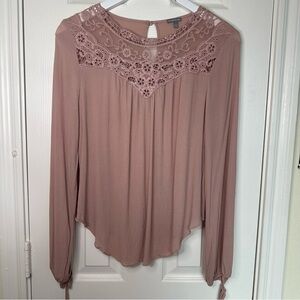 Dusty Lavender Fairy Boho Lace Trim Long Sleeve Flowy Blouse, Tie Sleeves, Sz S